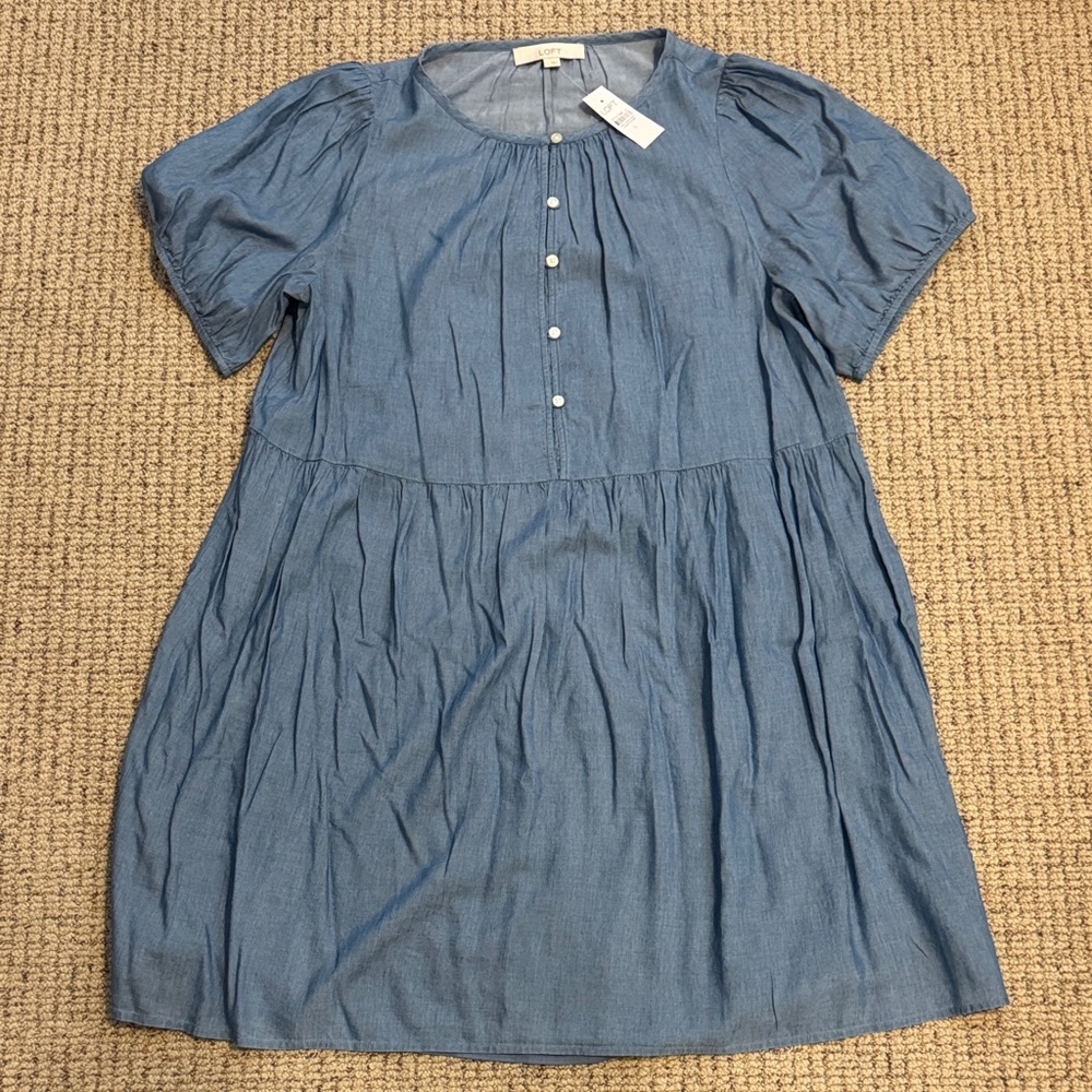 LOFT Soft Chambray Tiered Babydoll Dress in Light Blue